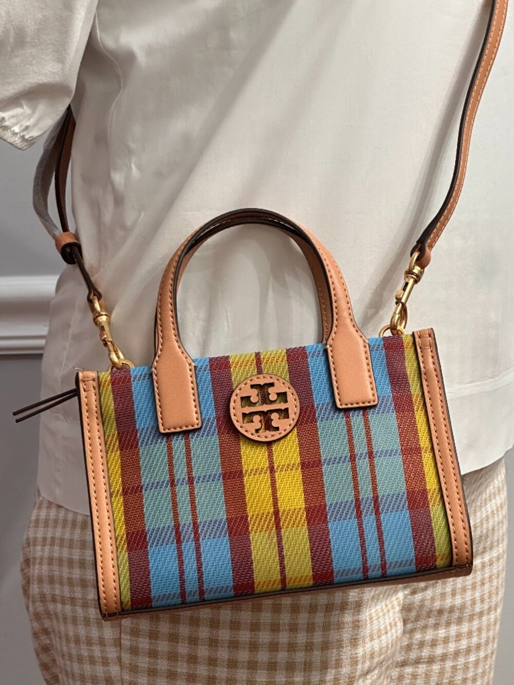 Tory Burch Ella Mini Plaid Top Handle Crossbody Tote Bag Multicolor Leather Trim